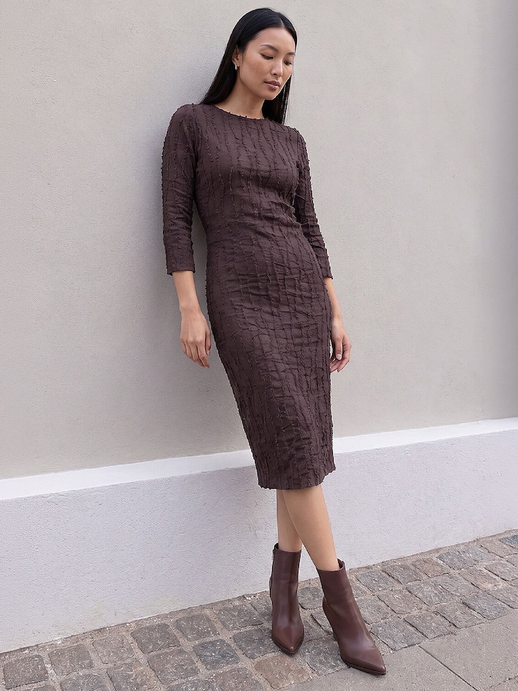 Roman Brown Textured Midi Dress - Image 2 of 4 Roman Brown Textured Midi Dress - Image 2 of 4