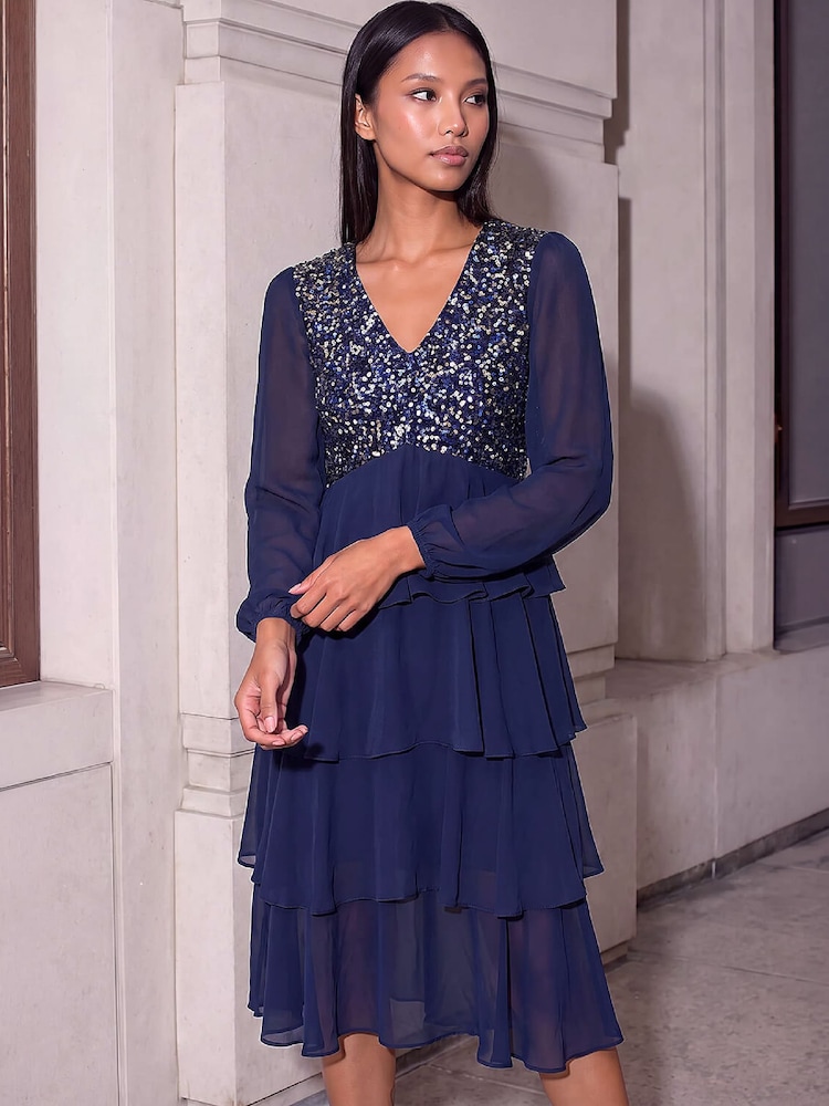 Roman Blue Petite Sequin Midi Dress - Image 1 of 4 Roman Blue Petite Sequin Midi Dress - Image 1 of 4
