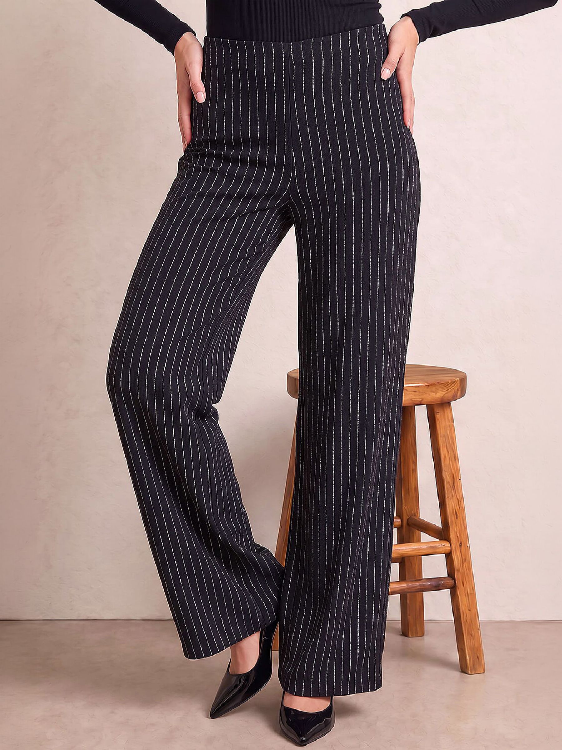 Roman Women's Petite Stripe Stretch Trouser in Black | Size: 18 - Image 2