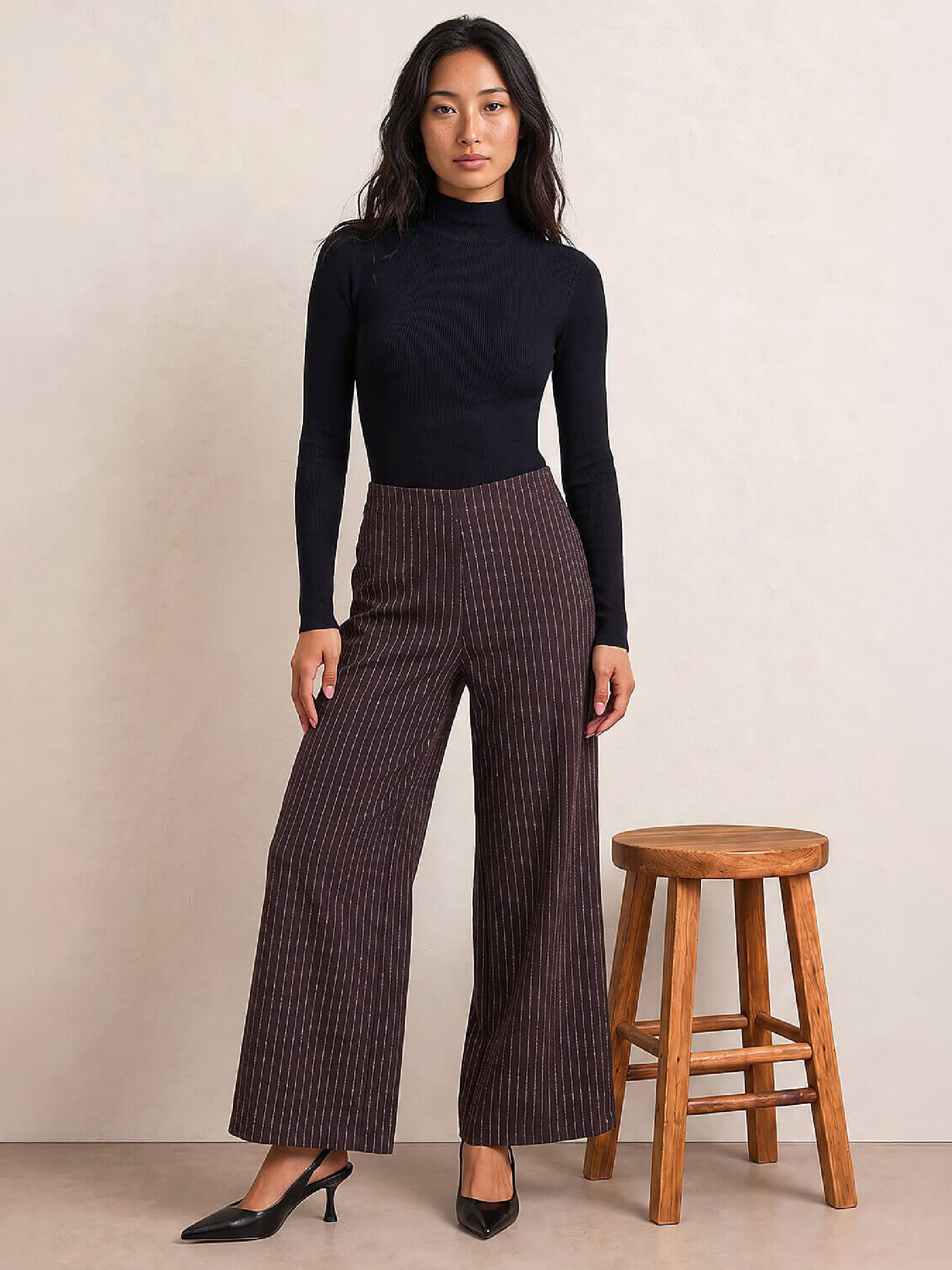 Roman Womens Petite Pinstripe Wide Leg Stretch Trousers, Brown, Size 18, Women - Image 3
