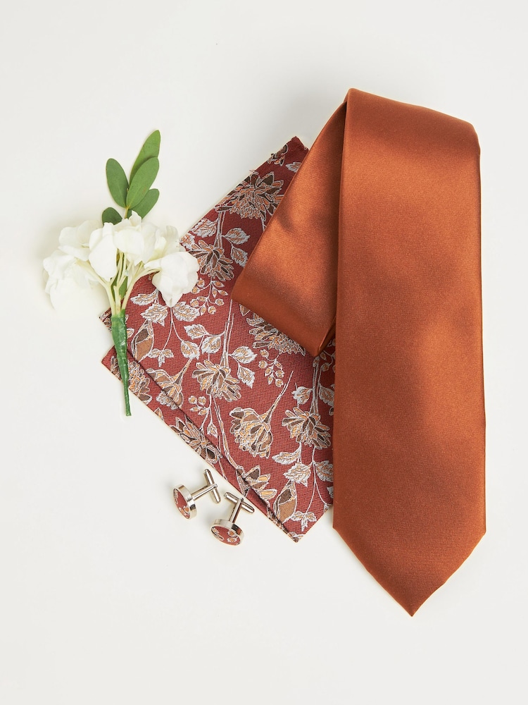 Rust Orange Silk Tie, Pocket Square and Cufflinks Gift Box Set - Image 2 of 4