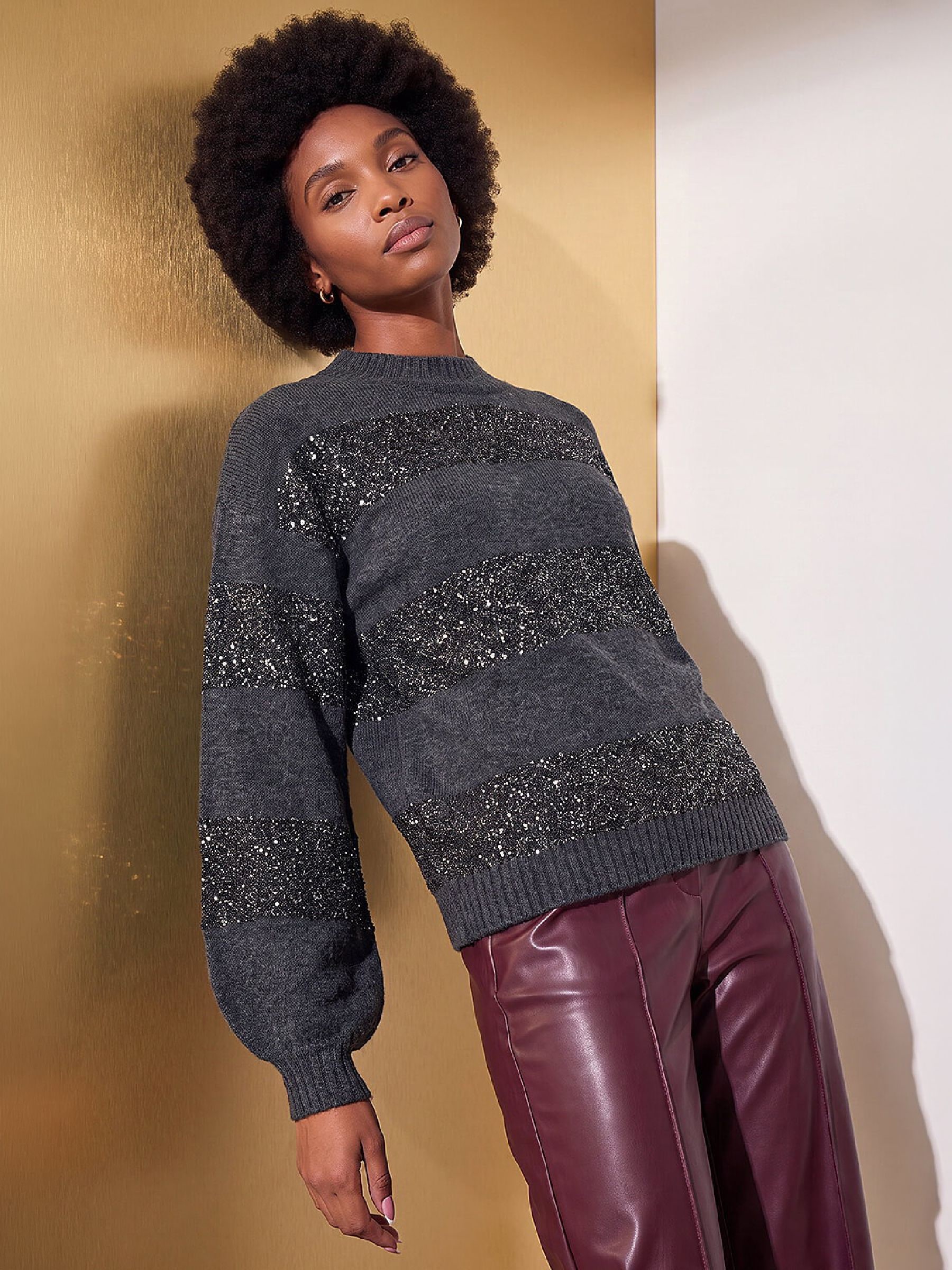 Roman Women's Dark Grey Sequin Stripe Knit Jumper In | Size: 20 - Image 2