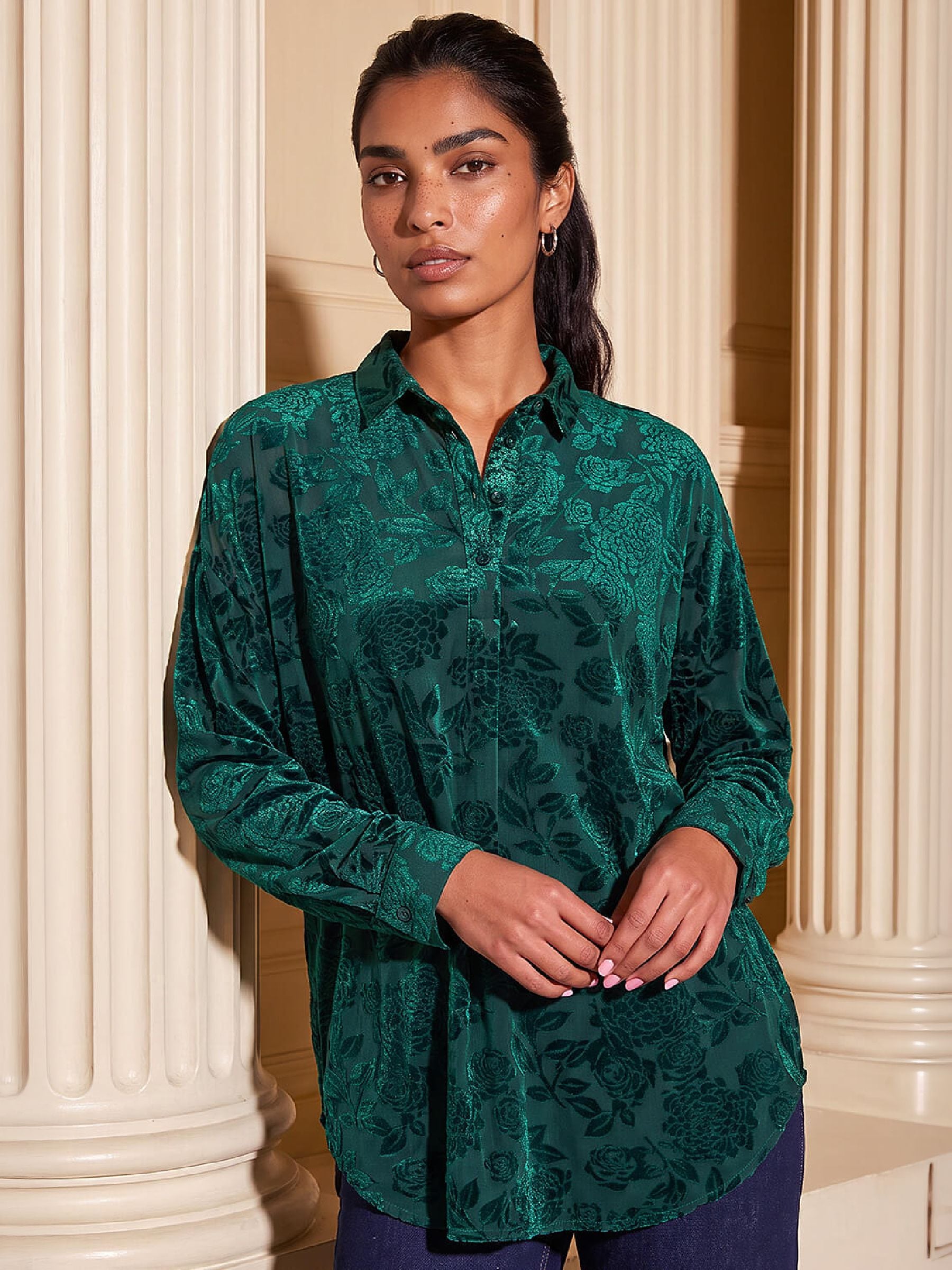 Roman Women's Green Velvet Mesh Stretch Shirt In | Size: 20 - Image 2