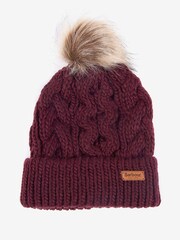 Barbour® Burgundy Red Penshaw Cable Knit Faux Fur Pom Beanie Logo Hat - Image 1 of 4
