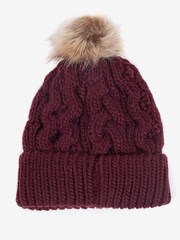 Barbour® Burgundy Red Penshaw Cable Knit Faux Fur Pom Beanie Logo Hat - Image 2 of 4