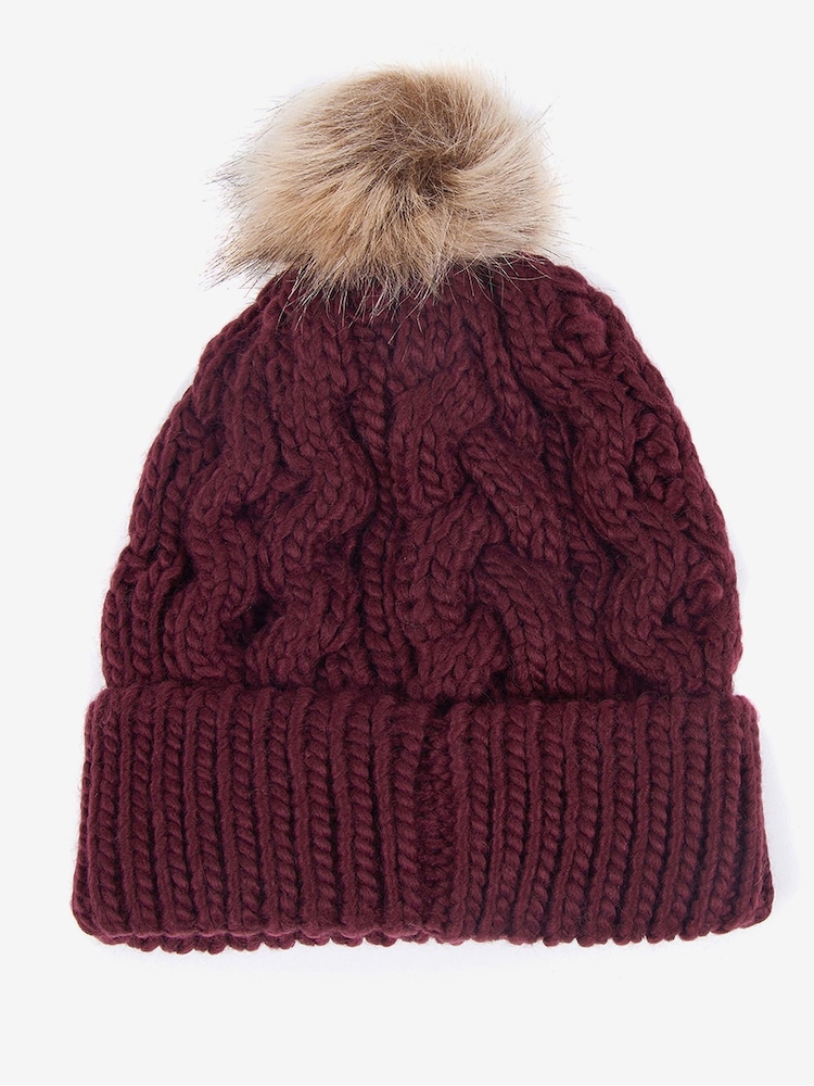 Barbour® Burgundy Red Penshaw Cable Knit Faux Fur Pom Beanie Logo Hat - Image 2 of 4