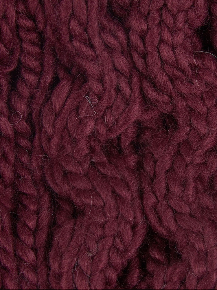 Barbour® Burgundy Red Penshaw Cable Knit Faux Fur Pom Beanie Logo Hat - Image 4 of 4