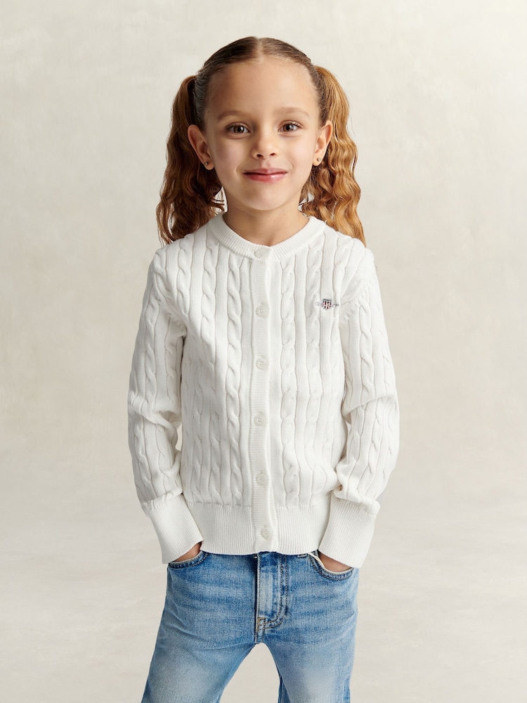 GANT White Shield Cable Knit Cardigan - Image 1 of 7 GANT White Shield Cable Knit Cardigan - Image 1 of 7