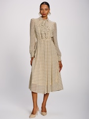 Jolie Moi Natural Chiffon Print Ruffled Shirt Dress - Image 1 of 6