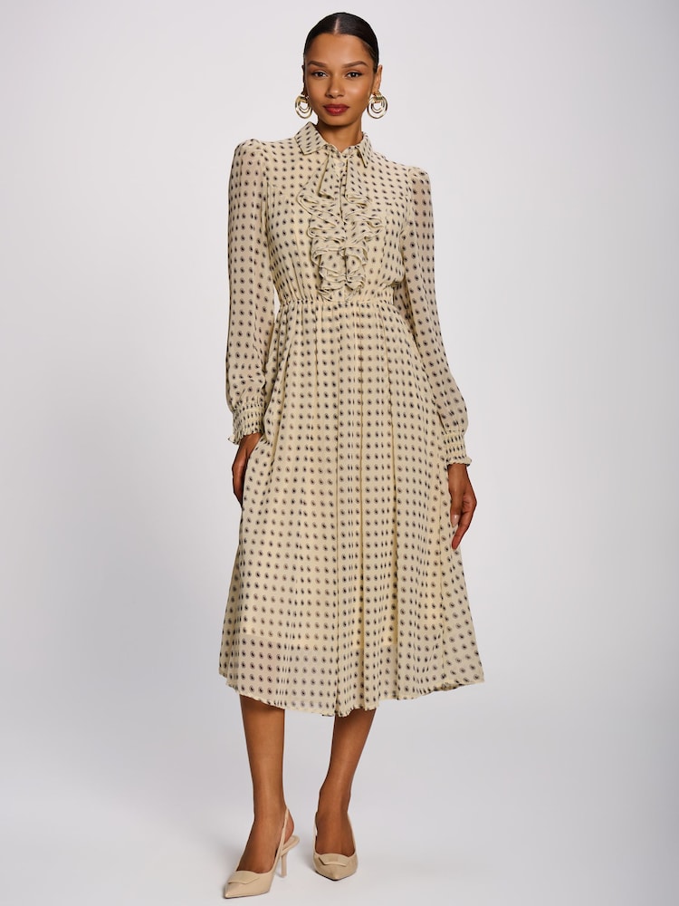 Jolie Moi Natural Chiffon Print Ruffled Shirt Dress - Image 1 of 6
