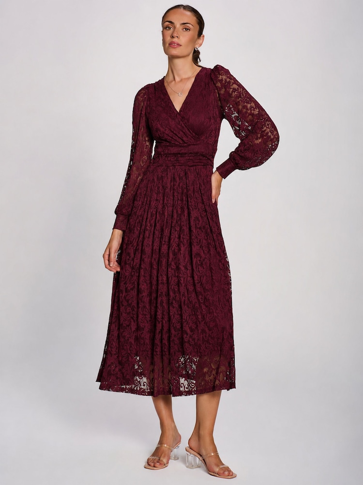 Jolie Moi Red Long Sleeve Printed Lace Maxi Dress - Image 1 of 6 Jolie Moi Red Long Sleeve Printed Lace Maxi Dress - Image 1 of 6
