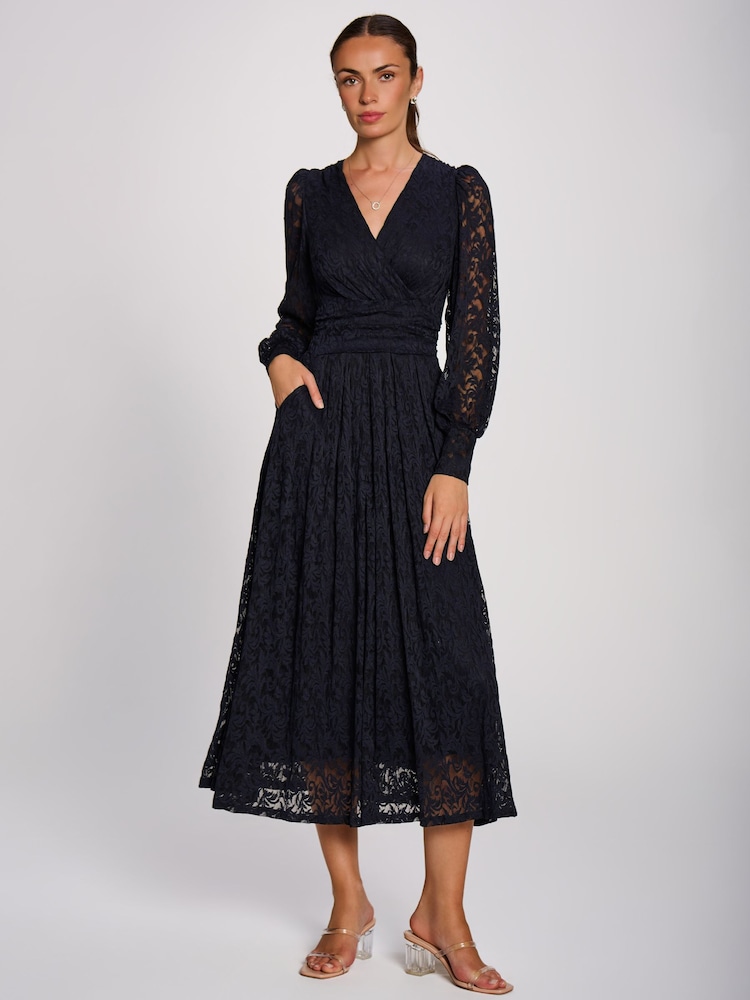 Jolie Moi Blue Long Sleeve Printed Lace Maxi Dress - Image 1 of 6 Jolie Moi Blue Long Sleeve Printed Lace Maxi Dress - Image 1 of 6