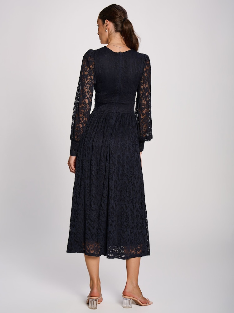 Jolie Moi Blue Long Sleeve Printed Lace Maxi Dress - Image 2 of 6 Jolie Moi Blue Long Sleeve Printed Lace Maxi Dress - Image 2 of 6