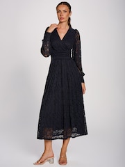 Jolie Moi Blue Long Sleeve Printed Lace Maxi Dress - Image 4 of 6
