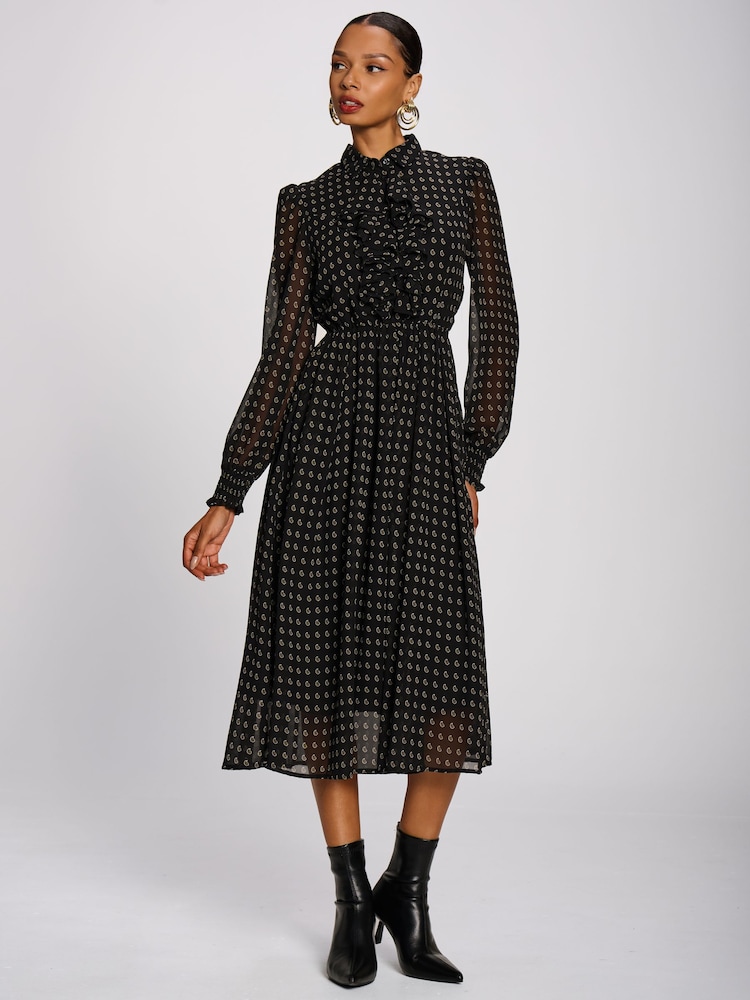 Jolie Moi Black Chiffon Print Ruffled Shirt Dress - Image 1 of 6