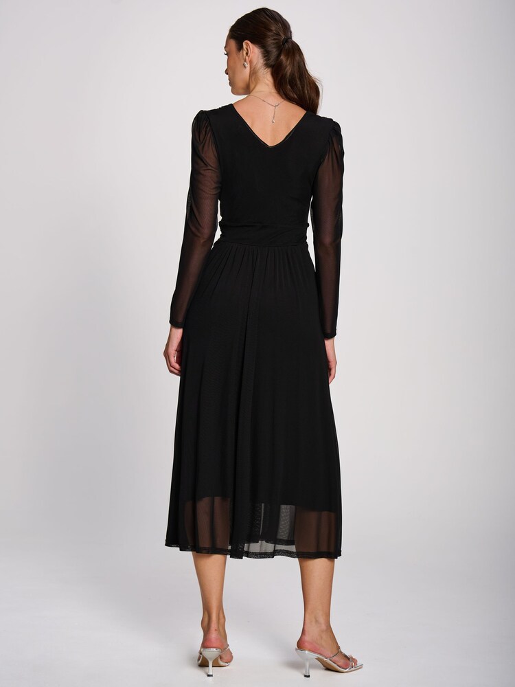 Noir - Jolie Moi Mesh Long Sleeve Pleated Maxi Dress - Image 2 de 6