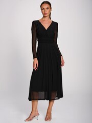 Noir - Jolie Moi Mesh Long Sleeve Pleated Maxi Dress - Image 4 de 6