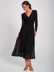Noir - Jolie Moi Mesh Long Sleeve Pleated Maxi Dress - Image 5 de 6