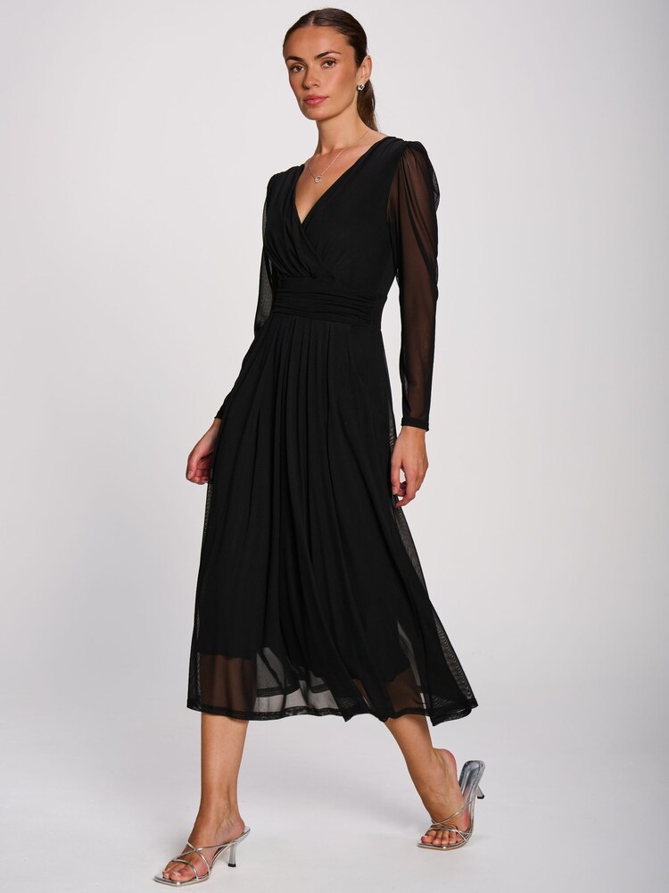 Noir - Jolie Moi Mesh Long Sleeve Pleated Maxi Dress - Image 6 de 6