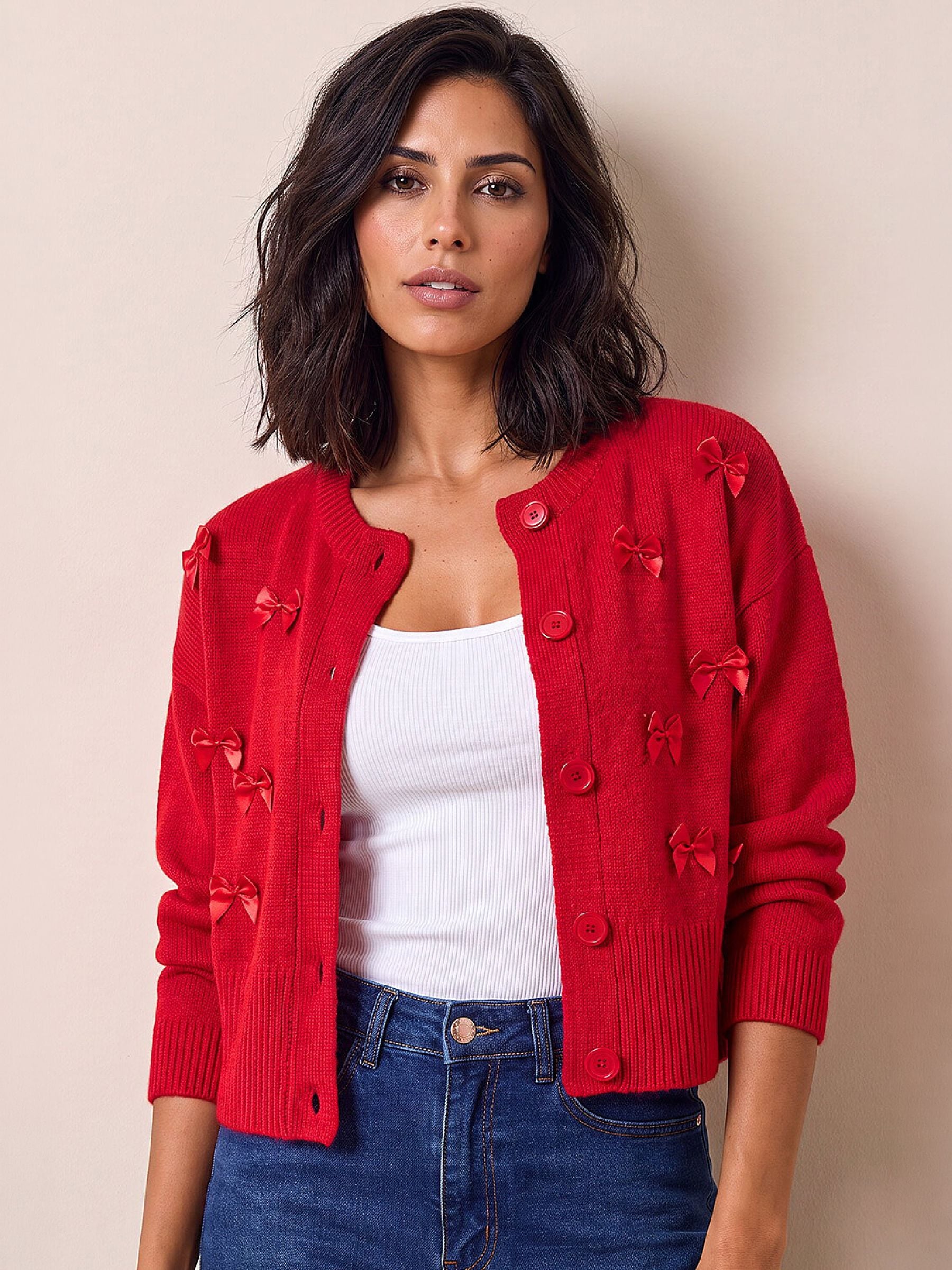 Roman Womens Bow Detail Button Front Cardigan, Red, Size 16, Women - Image 3