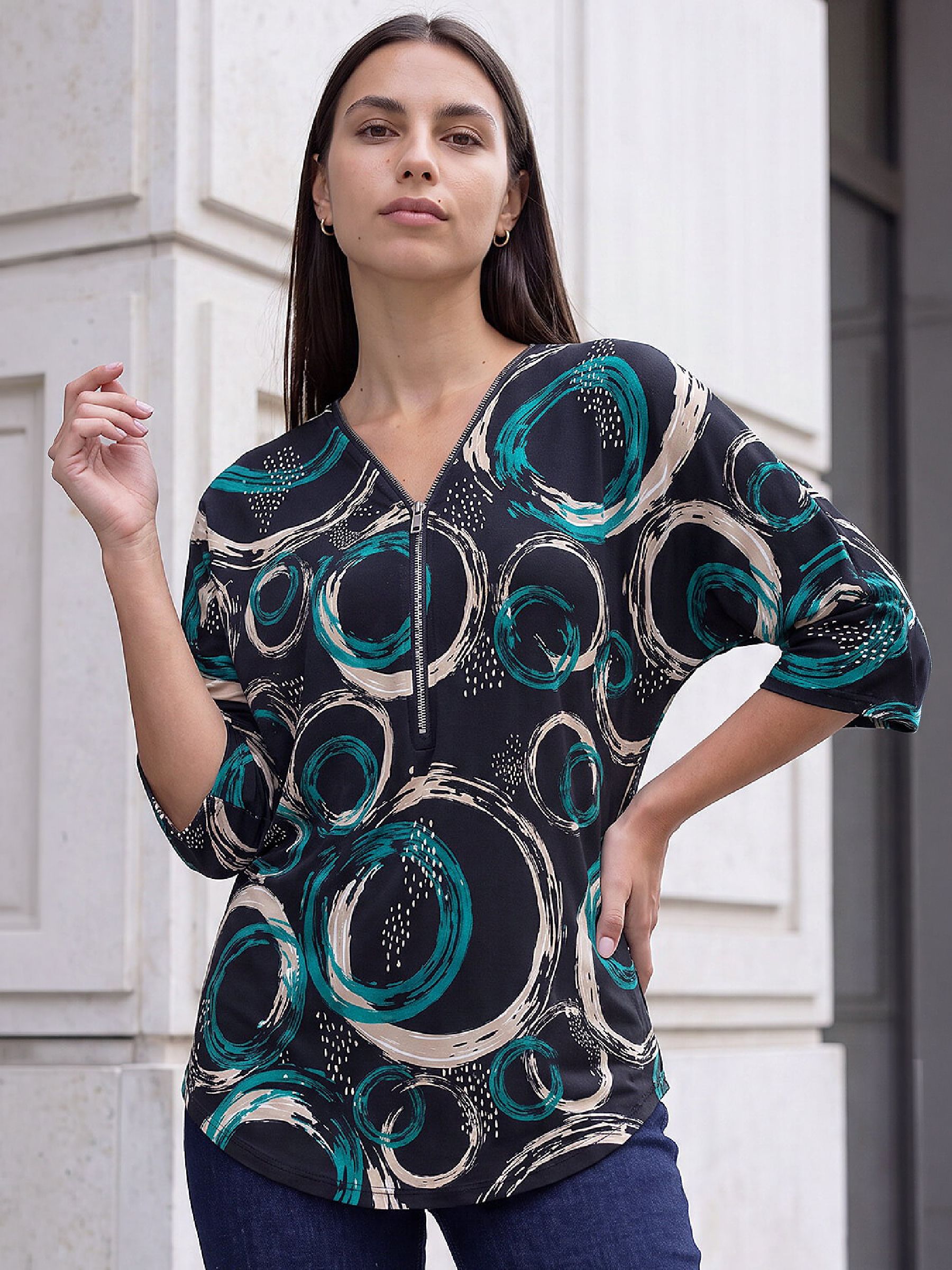 Roman Women's Blue Abstract Puff Print Zip Top - Image 1