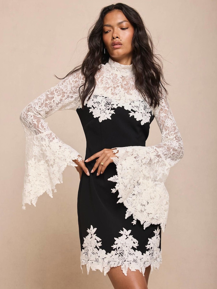 Mint Velvet Black Contrast Lace Mini Dress - Image 1 of 7 Mint Velvet Black Contrast Lace Mini Dress - Image 1 of 7