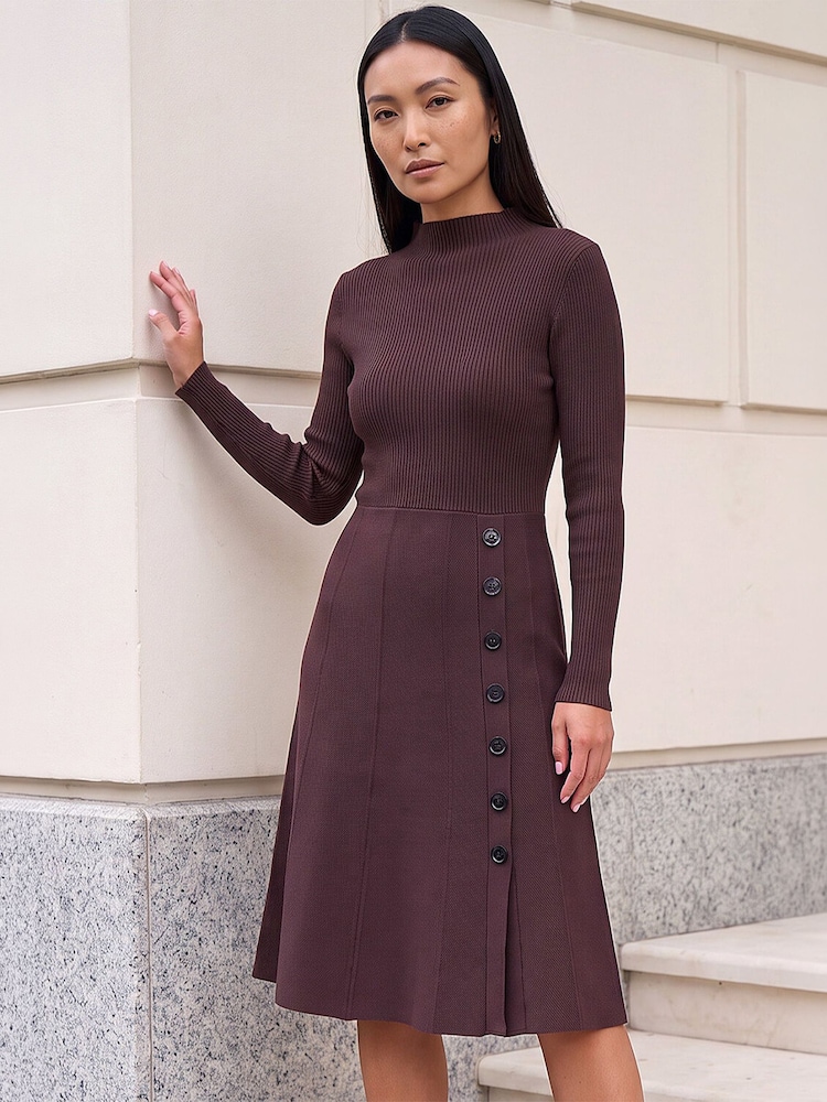 Roman Brown Button Detail Knitted Dress - Image 1 of 4 Roman Brown Button Detail Knitted Dress - Image 1 of 4