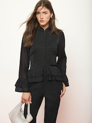 Mint Velvet Black Frogging Detail Ruffle Blouse - Image 2 of 7