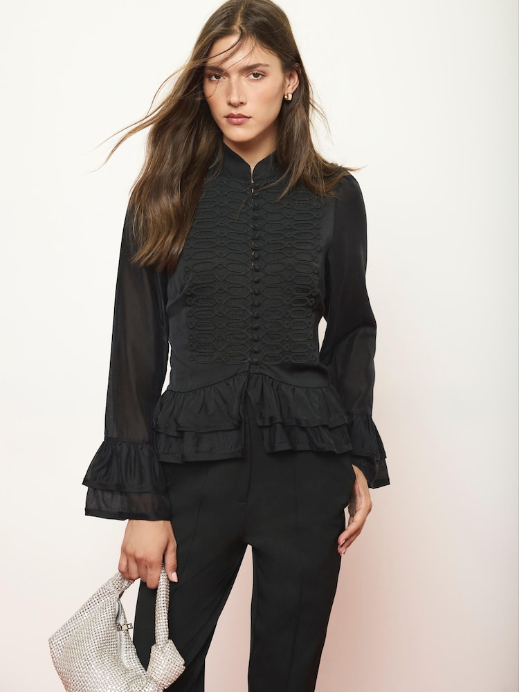 Mint Velvet Black Frogging Detail Ruffle Blouse - Image 2 of 7