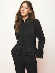 Mint Velvet Black Frogging Detail Ruffle Blouse - Image 3 of 7