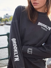 Charcoal Grey Long Sleeve Brooklyn New York City Back Graphic Top - Image 2 of 7