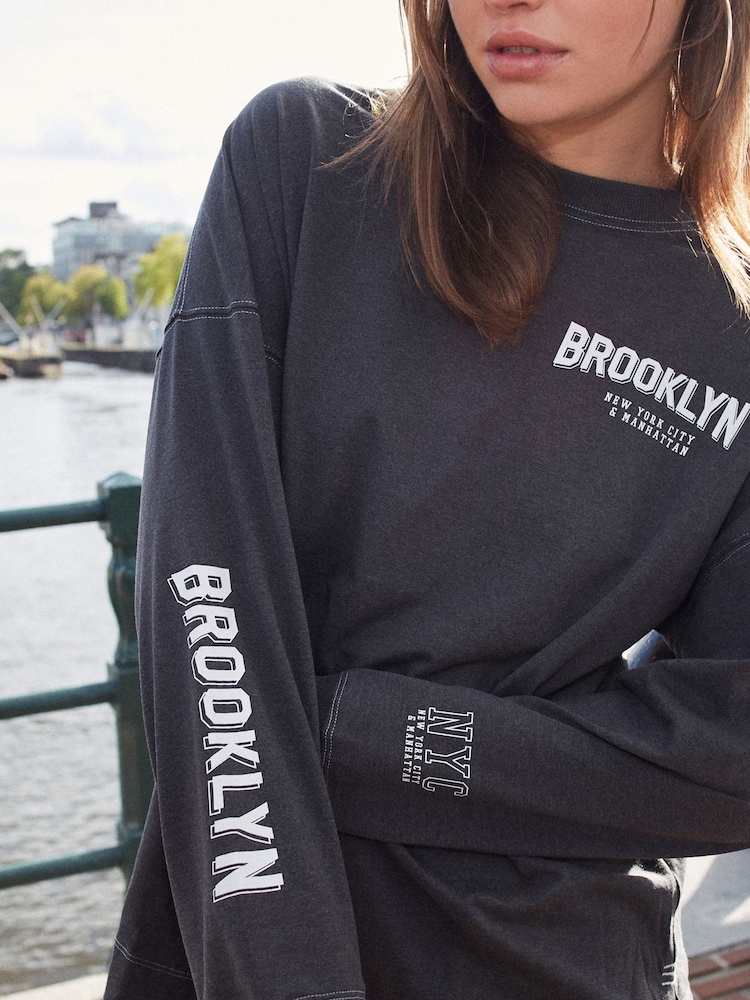 Charcoal Grey Long Sleeve Brooklyn New York City Back Graphic Top - Image 2 of 7