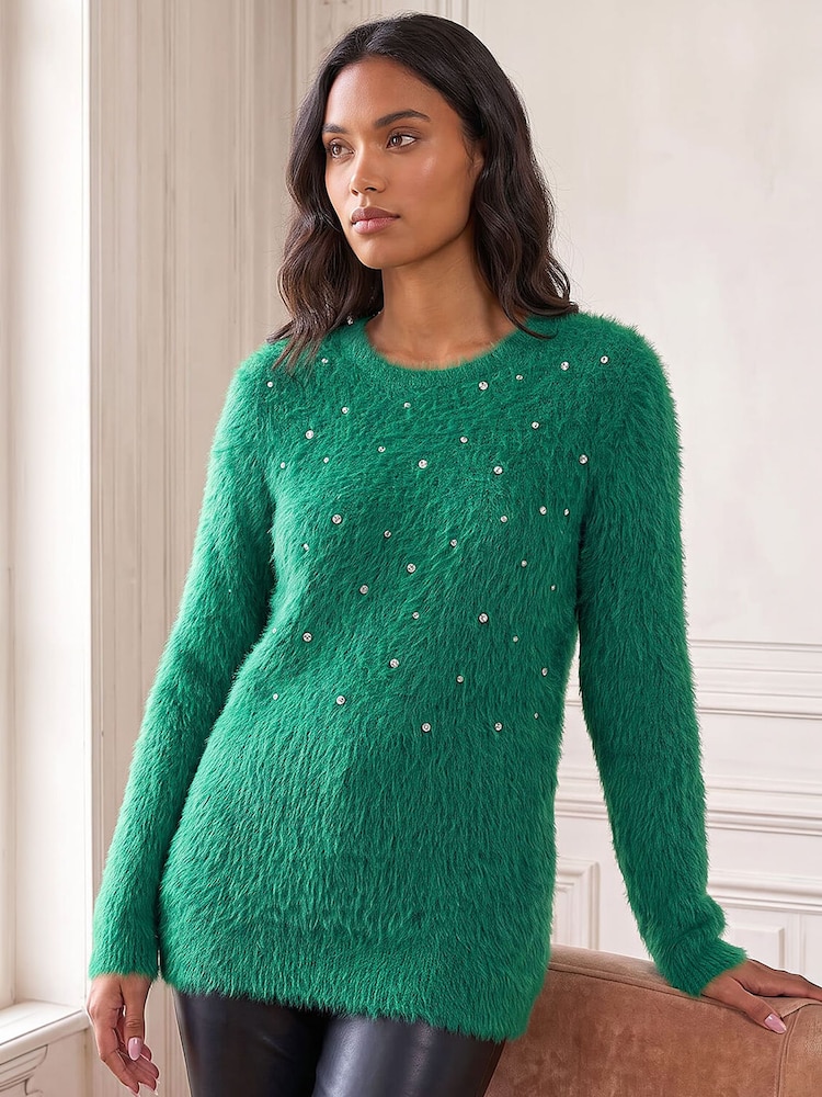 Roman Green Embellished Fluffy Knit Jumper - Image 1 of 4 Roman Green Embellished Fluffy Knit Jumper - Image 1 of 4