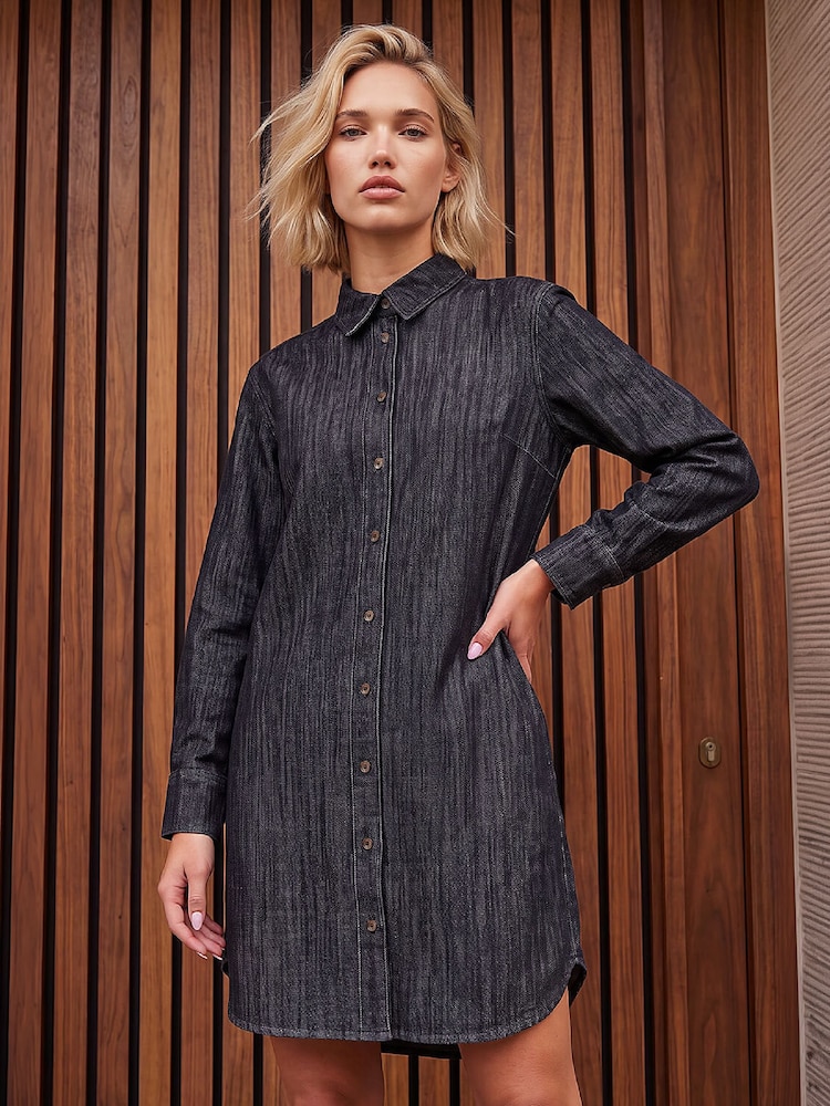 Roman Black Button Shirt Dress - Image 1 of 4 Roman Black Button Shirt Dress - Image 1 of 4