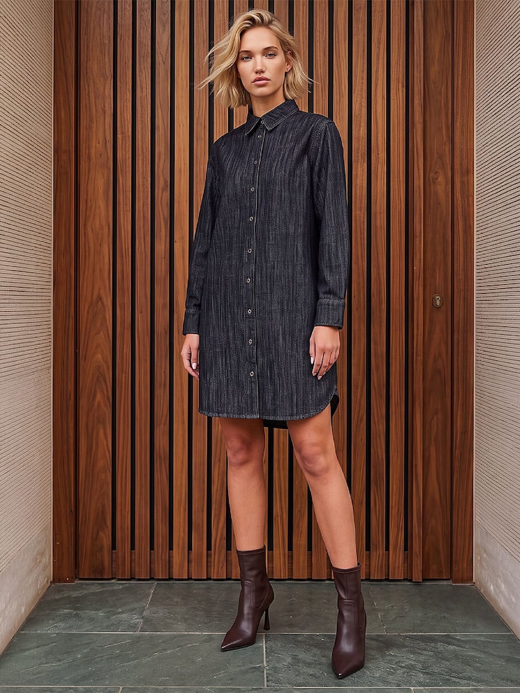 Roman Black Button Shirt Dress - Image 2 of 4 Roman Black Button Shirt Dress - Image 2 of 4