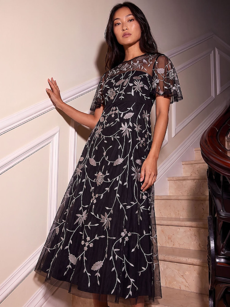 Roman Black Petite Embroidered Mesh Midi Dress - Image 1 of 4 Roman Black Petite Embroidered Mesh Midi Dress - Image 1 of 4