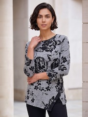 Roman Grey Floral Print Snit Scarf Tunic Top - Image 1 of 4