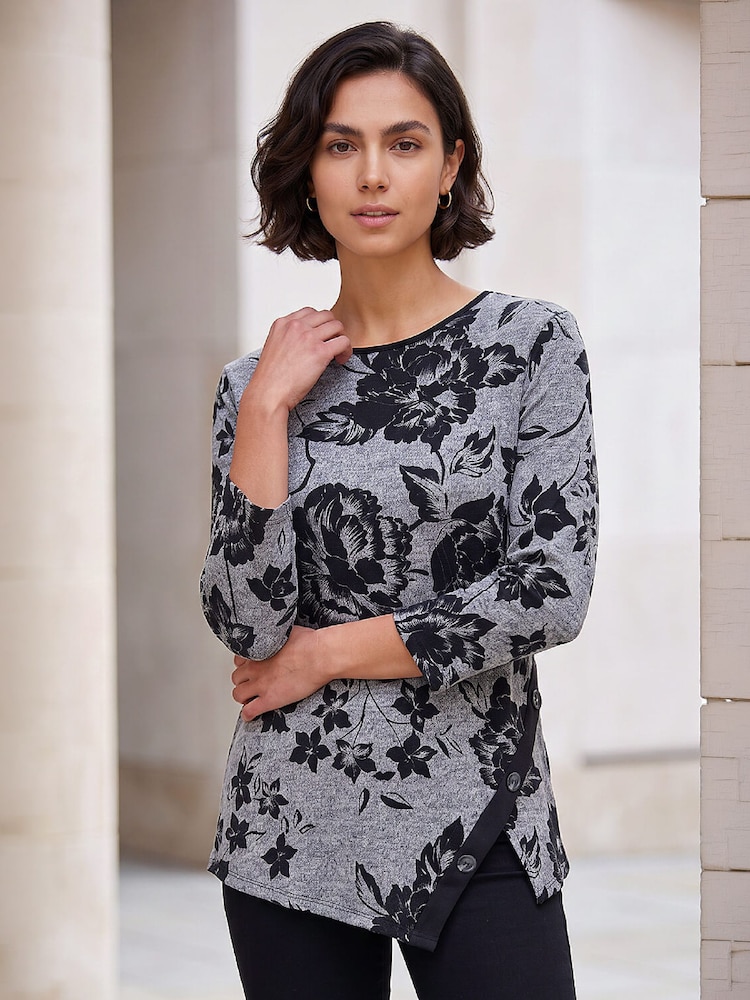 Roman Grey Floral Print Snit Scarf Tunic Top - Image 1 of 4 Roman Grey Floral Print Snit Scarf Tunic Top - Image 1 of 4