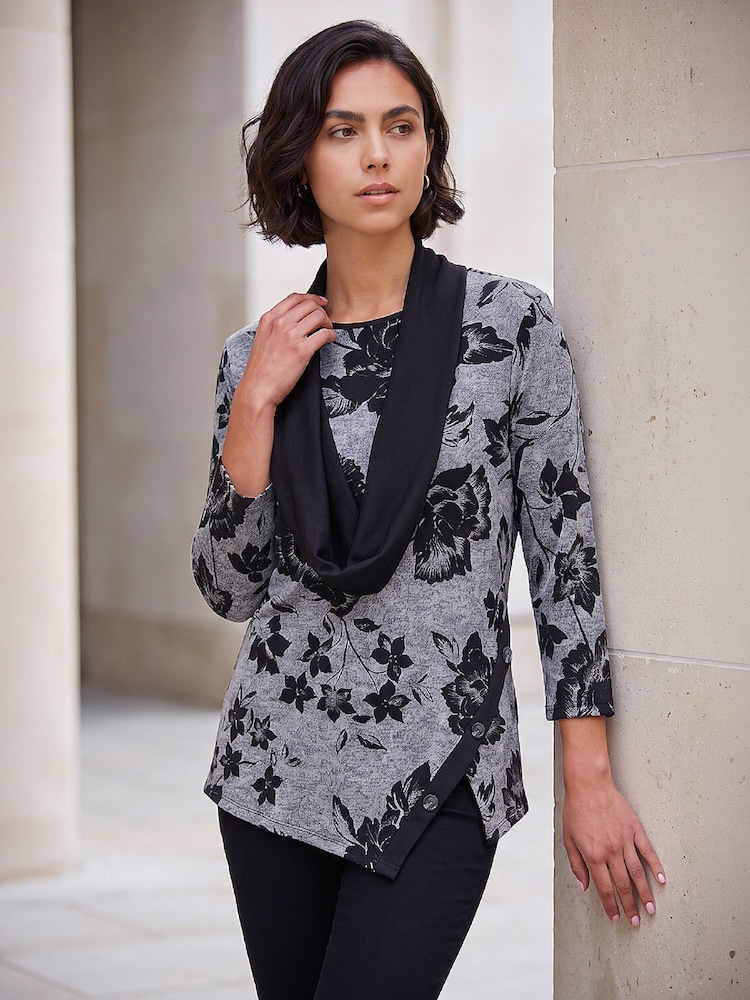 Roman Grey Floral Print Snit Scarf Tunic Top - Image 2 of 4 Roman Grey Floral Print Snit Scarf Tunic Top - Image 2 of 4