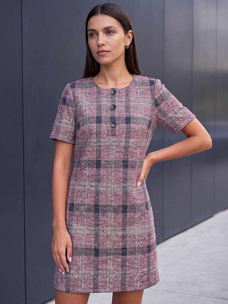 Roman Pink Check Button Shift Dress - Image 1 of 4 Roman Pink Check Button Shift Dress - Image 1 of 4