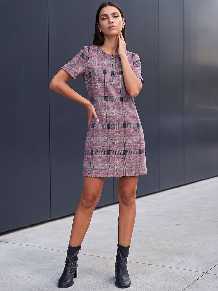 Roman Pink Check Button Shift Dress - Image 2 of 4 Roman Pink Check Button Shift Dress - Image 2 of 4