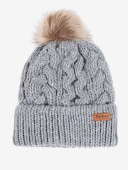 Barbour® Grey Penshaw Cable Knit Faux Fur Pom Beanie Logo Hat - Image 1 of 3