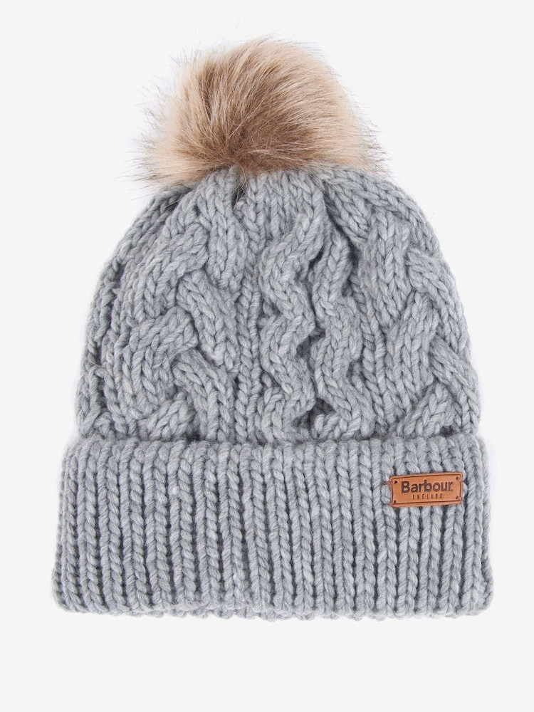 Barbour® Grey Penshaw Cable Knit Faux Fur Pom Beanie Logo Hat - Image 1 of 3