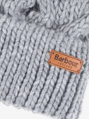 Barbour® Grey Penshaw Cable Knit Faux Fur Pom Beanie Logo Hat - Image 2 of 3