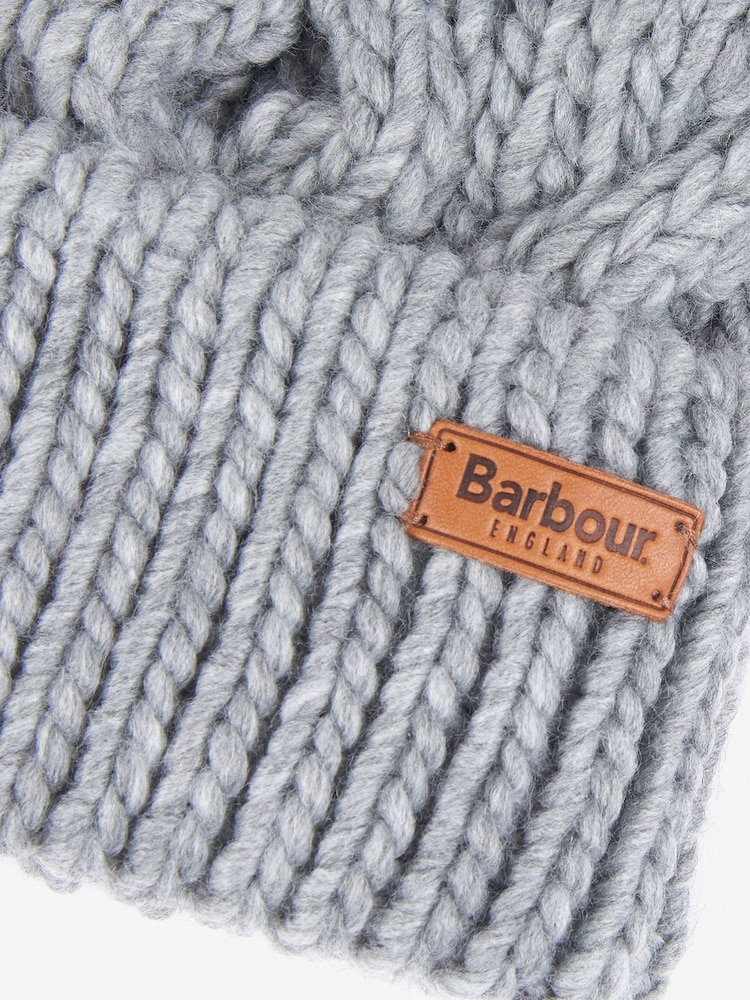 Barbour® Grey Penshaw Cable Knit Faux Fur Pom Beanie Logo Hat - Image 2 of 3