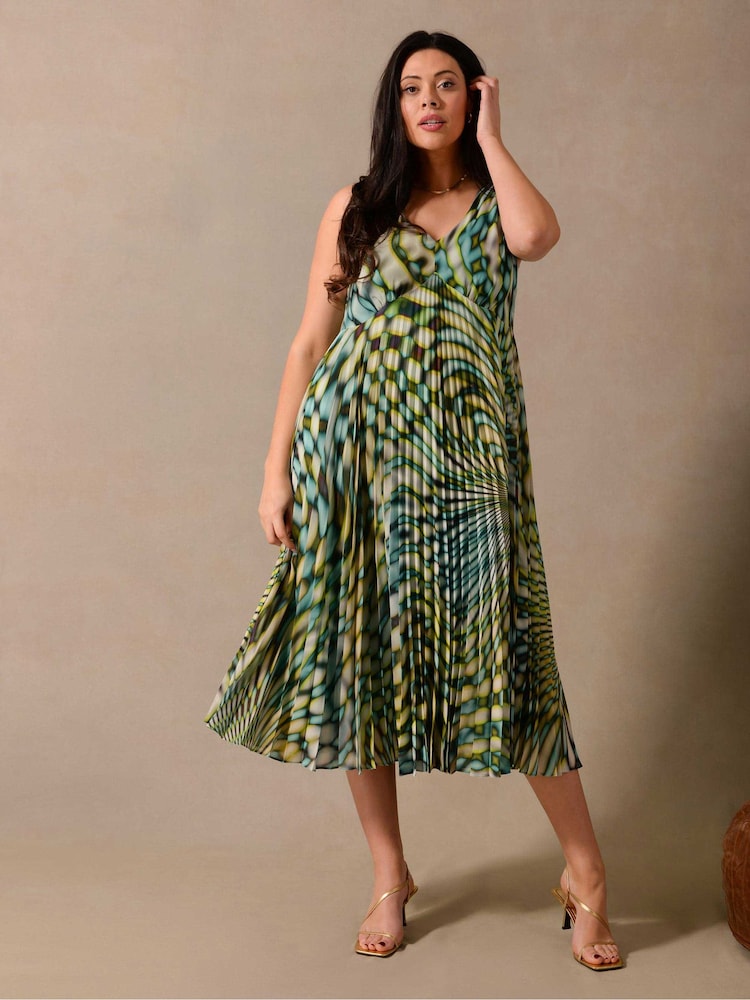 Live Unlimited Green Curve Kaleidoscope Sunray Pleat Maxi Dress - Image 2 of 6