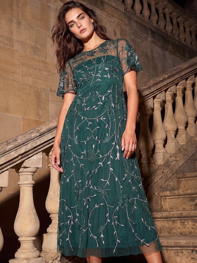 Roman Green Petite Embroidered Mesh Midi Dress - Image 1 of 4 Roman Green Petite Embroidered Mesh Midi Dress - Image 1 of 4