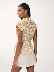 Ochre/Cream Tile Print Short Sleeve Blouse - Image 3 of 6