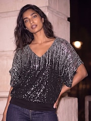 Roman Metallic Ombre Mesh Sequin Bow Back Blouse - Image 1 of 4