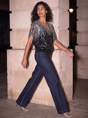 Roman Metallic Ombre Mesh Sequin Bow Back Blouse - Image 2 of 4